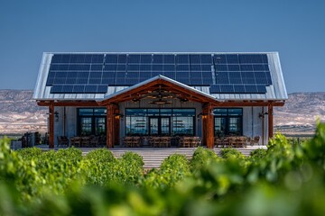 Fototapeta premium An industrial building's roof is used to generate renewable energy with solar panels