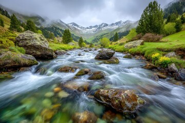 A serene and idyllic mountainous scene featuring a river, set against a cloudy backdrop, evoking feelings of freedom and adventure amidst the beauty of nature, perfect for tourism and travel
