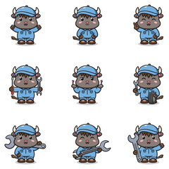 Vector Illustration of Buffalo Mechanic Cartoon Character. Mechanic Character Vector Illustration.Buffalo Character animal. Mechanic Mascot.