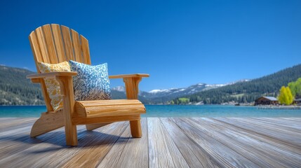 A Muskoka chair sits on a wooden dock with a serene lake as its backdrop, while a cottage is nestled among the trees on the opposite shore