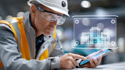 Building Vision: A construction engineer examines detailed architectural plans on a digital tablet, as a futuristic building schematic overlays the scene. A fusion of design and construction. - Powered by Adobe