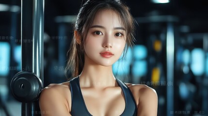 Fototapeta premium Portrait of a young fitness enthusiast at a gym, showcasing determination, confidence, and focus within a vibrant workout environment under modern gym lighting and equipment.