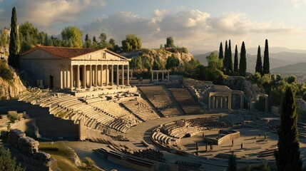 Ancient Greek Theatre and Temple at Sunset