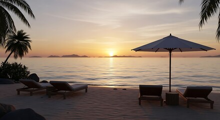 Naklejka premium Serene Sunset Beach Scene with Lounge Chairs and Umbrella