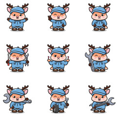 Vector Illustration of Deer Mechanic Cartoon Character. Mechanic Character Vector Illustration. Deer Character animal. Mechanic Mascot.