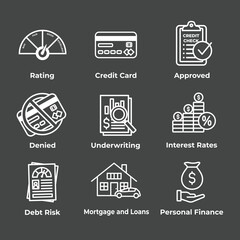 Credit Score and Loans Icon Set with Approved Credit Underwriting Interest Rates Debt Mortgage Refinance