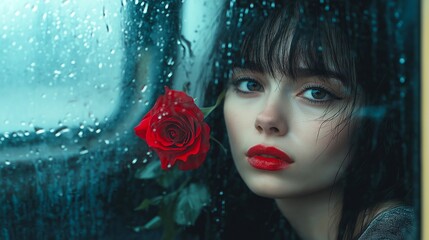 Brunette woman with red lips holds rose near rainy window with blurred background. Romantic melancholy concept