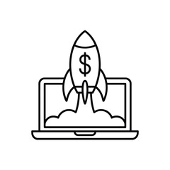 Financial Technology Startup Rocket with Dollar Sign Launching from Laptop