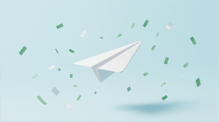 A paper airplane is in flight with confetti around it