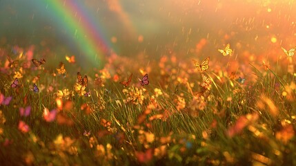 Butterfly Meadow Under Rainbow: Countless monarch butterflies flutter over a sun-kissed meadow bathed in the radiant hues of a rainbow, in a enchanting dance of nature's splendor.