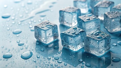The blue ice cubes, crystal-clear, with tiny air bubbles inside and water droplets on the surface. Illustration art background. Generative AI.
  