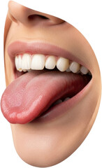 Close-up of a human mouth with tongue sticking out and touching the lips. High-resolution image ideal for concepts related to taste, expression, sensuality, or oral anatomy. Transparent background