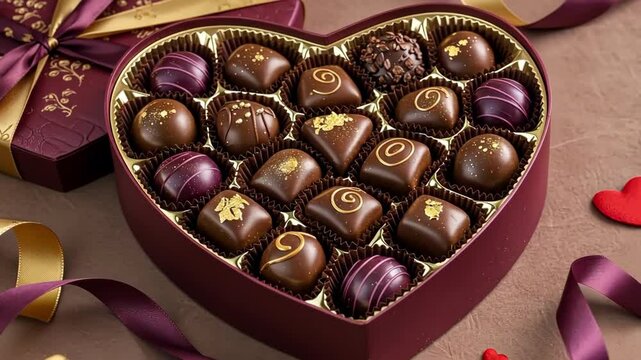 A heart-shaped box filled with assorted gourmet chocolates.