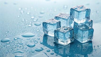 The blue ice cubes, crystal-clear, with tiny air bubbles inside and water droplets on the surface. Illustration art background. Generative AI.
  