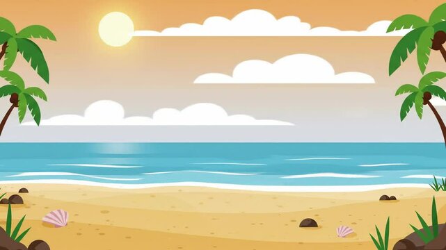 Cartoon style beach scene with palm trees golden sand and turquoise water under a bright sunset sky