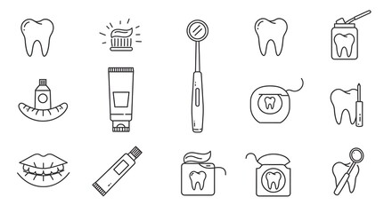 A set of simple line icons for dental care and oral hygiene. Vector symbols representing dentistry, teeth cleaning, and stomatology tools.