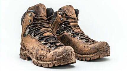 Dirty hiking boots on white background (1)