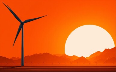 Obraz premium The image of a wind turbine's silhouette at sunset, with forested hills in the background, is representative of clean energy, sustainable power, and the transformation of the environment