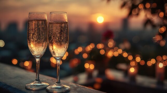 Twilight champagne by the ledge, luxury toast above glowing city