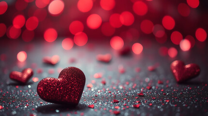 Sparkling hearts scatter across a romantic backdrop filled with shimmering red lights during a festive celebration of love