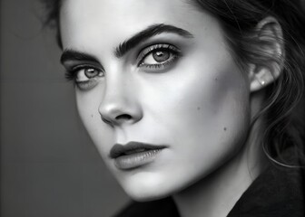 Fototapeta premium Close-up portrait of a woman's face. the woman has a serious expression with her eyes looking directly at the camera. her lips are slightly parted and her nose is slightly upturned.