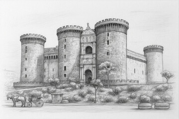 Pencil sketch of the Castel Nuovo, Naples, Italy, showing its distinctive towers and historical architecture.