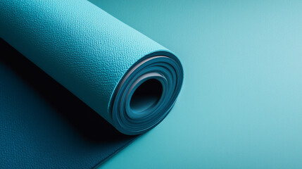  Flat design of yoga mat rolled out on clean background, top-down view with large negative space.
