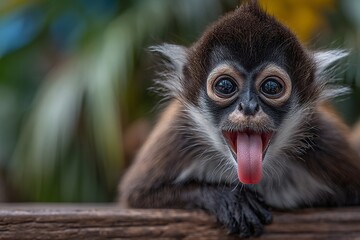 A young spider monkey is resting on a wooden railing in Costa Rica