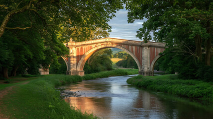 Sunlit historic stone bridge spans a tranquil river amid lush greenery.









