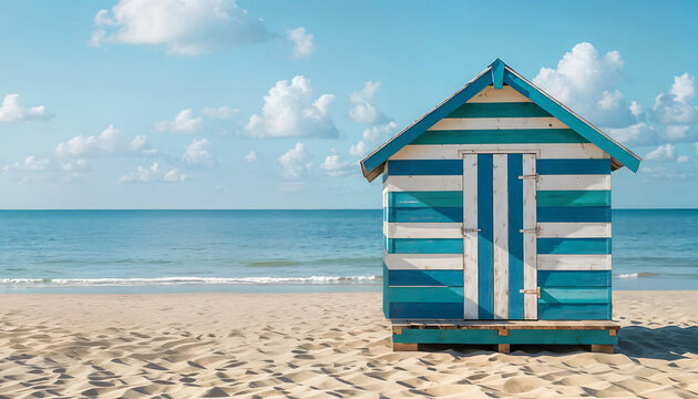Cabane de plage ray&eacute;e bleu et blanc, cabane de p&ecirc;che sur la plage, espace vide pour du texte