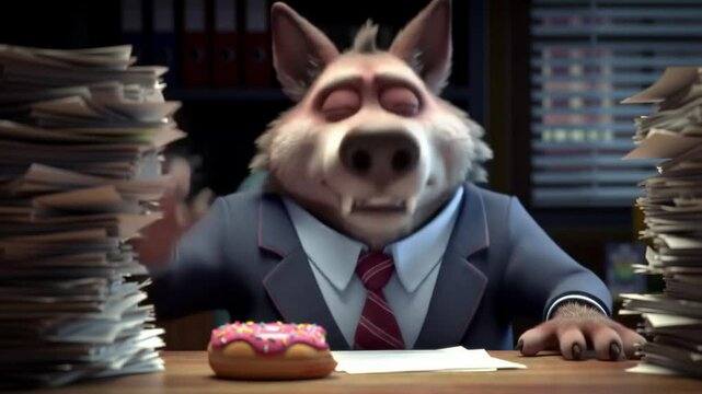 Cartoon wolf character in a business suit with a donut overwhelmed by work papers