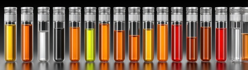 Colorful test tubes filled with various liquids showcasing chemical diversity in a laboratory setting.