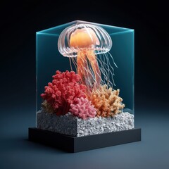 A stunning jellyfish gracefully swims among vibrant coral in a glass aquarium, showcasing marine life beauty.