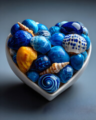 blue and white seashells arranged in a heart shape