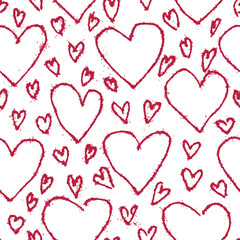 Hearts gel pen line seamless pattern hand drawn. Pink doodle symbols on white small and big.