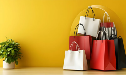 Colorful shopping bags against a yellow background, showcasing online shopping, retail therapy, and consumerism.  A small plant adds a touch of nature.