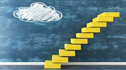 Yellow staircase leading to a chalk cloud drawing on a blue textured wall.  Concept of achieving goals, ideas, and aspirations.
