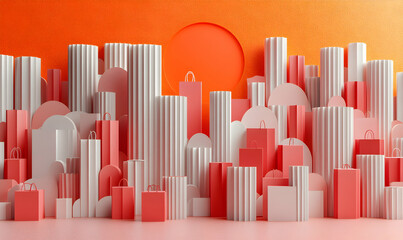 Abstract shopping city scene with coral and white shopping bags and columns against an orange background. Ideal for retail, e-commerce, and marketing campaigns.