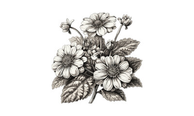 Vintage Engraving Flowers Double Cineraria, Botanical Art, Vector Illustration, Floral Sketch, Antique Botanical, Retro Flower Design, Hand-drawn Flowers, Nature Art, Floral Illustration.