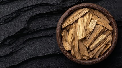Cedar bark that is aromatic and crushed is arranged in wooden bowls accompanied by a spoon on a dark wood surface