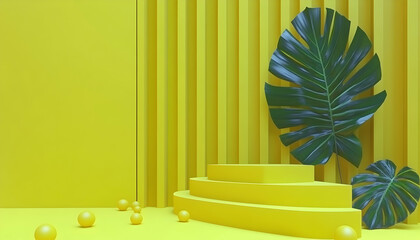 Vibrant yellow 3D rendering featuring a circular platform, tropical monstera leaves, and yellow spheres, creating a modern, minimalist, and visually striking scene.