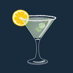 Classic hand drawn vector cocktail with lemon and olive garnish and salt on the glass rim