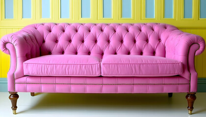 Vibrant pink Chesterfield sofa against a yellow and blue wall. Perfect for adding a pop of color to interior design projects.