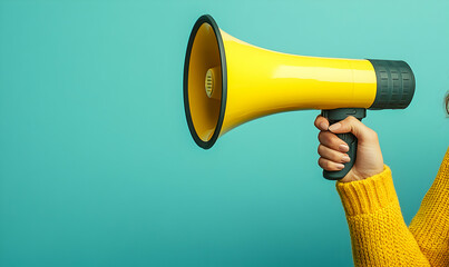 A hand holding a vibrant yellow megaphone against a teal background; concept of announcement, communication, marketing, and public speaking.