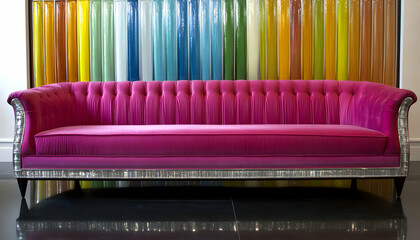 Vibrant pink velvet sofa with crystal trim, positioned against a colorful glass panel backdrop.  Perfect for interior design, home decor, and luxury lifestyle projects.