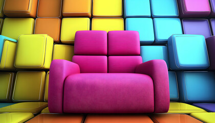 Vibrant pink armchair against a backdrop of colorful blocks.  Modern furniture design, bold colors, creative interior.