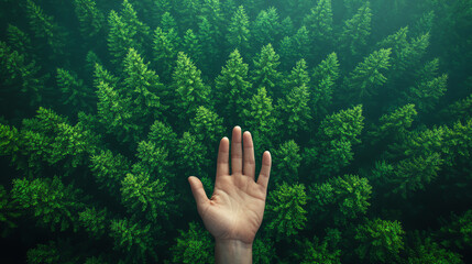A hand reaches out towards a lush forest, symbolizing connection to nature and the importance of environmental conservation.