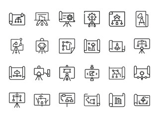 Collection of minimalist line icon illustrations featuring project presentation and planning concepts