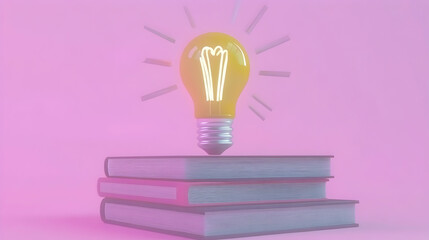 Bright idea! Glowing lightbulb rests atop a stack of books, symbolizing knowledge, inspiration, and education against a soft pink backdrop.