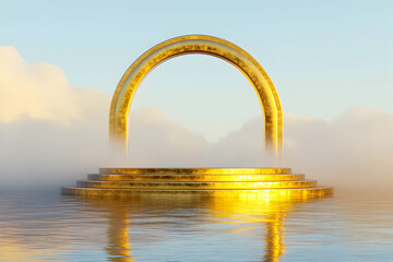 Golden archway and tiered platform emerging from ethereal mist above calm water, reflecting sunlight, creating a serene and mystical scene.